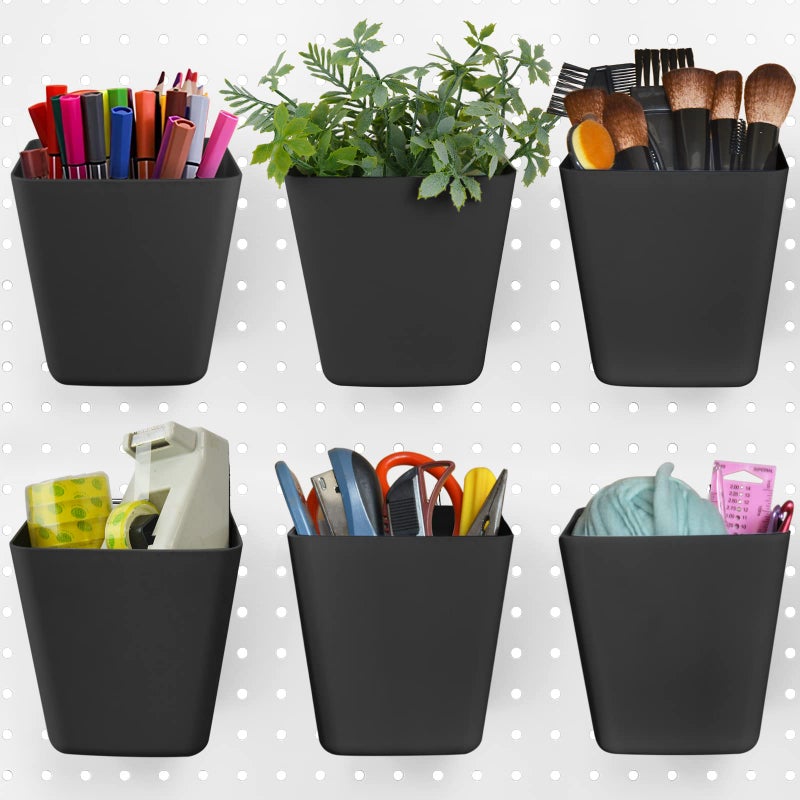 G.CORE Large Pegboard Cups Peg Board Storage Bin 6 Pack with Hooks  Square Box Shape Pegboard Cup Holder Accessories for Garage Workbench/Craft Room/Office/Playroom/Home Kitchen Organization (Black) - Image 1
